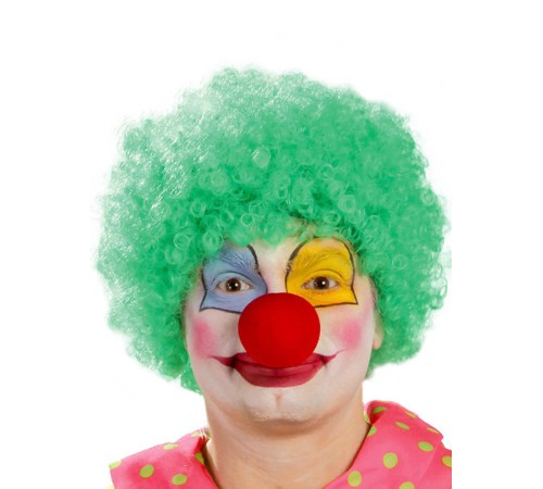 Yeşil Renk Kıvırcık Afro Bonus Peruk Takma Saç ve Kırmızı Burun Seti