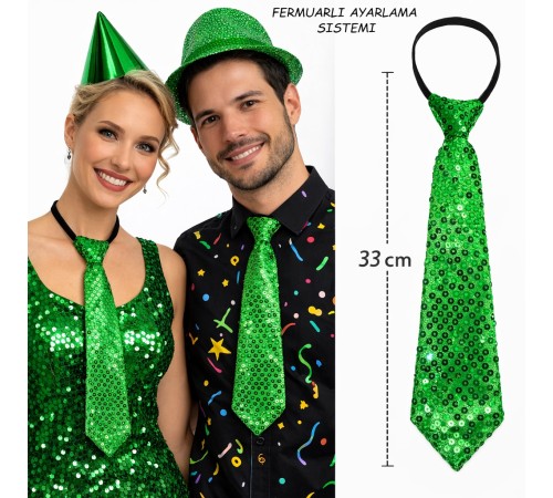 Yeşil Renk Pul Payetli Işıltılı Parti Kravatı 33 cm