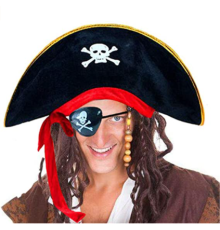 Yetişkin Boy Kadife Kaptan Jack Sparrow Korsan Şapkası ve Plastik Korsan Göz Maskesi