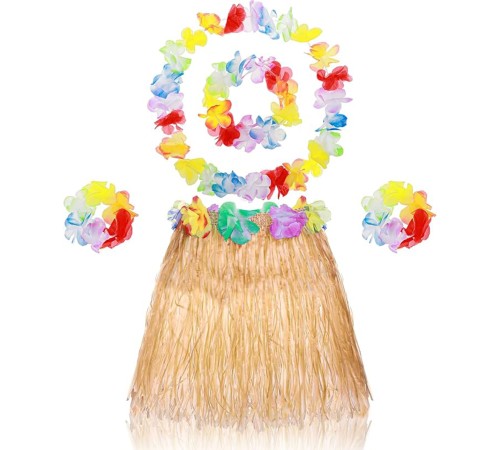 Yetişkin Çocuk Hawaii Parti Seti - 40 cm Naturel Etek + Çiçek Aksesuarlar (5 Parça)