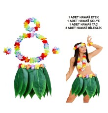 Yetişkin Hawaii Kostüm Seti - Yaprak Etek & Hawaii Set - 5 Parça