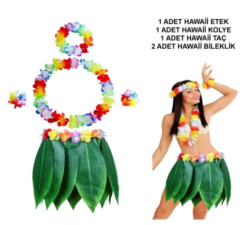 Yetişkin Hawaii Kostüm Seti - Yaprak Etek & Hawaii Set - 5 Parça