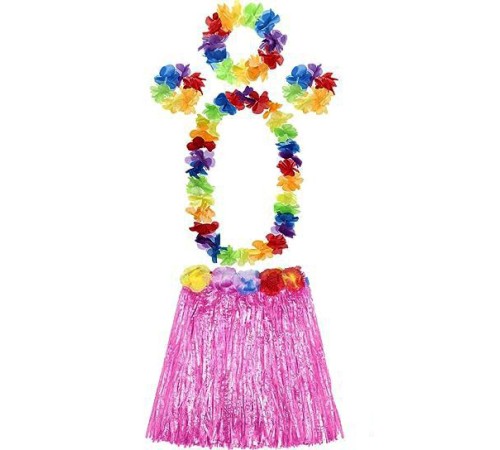 Yetişkin ve Çocuk Uyumlu Luau Aloha Hawaii Pembe Etek ve Renkli Kolye Taç 2 Adet Bileklik Seti
