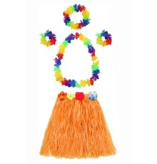 Yetişkin ve Çocuk Uyumlu Luau Aloha Hawaii Turuncu Etek ve Renkli Kolye Taç 2 Adet Bileklik Seti