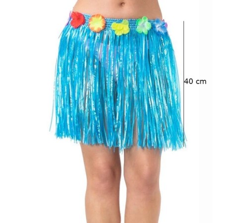 Yetişkin ve Çocuk Uyumlu Mavi Renk Püsküllü Hawaii Luau Hula Etek 40 cm