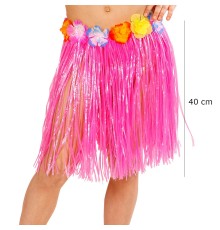 Yetişkin ve Çocuk Uyumlu Pembe Renk Püsküllü Hawaii Luau Hula Etek 40 cm