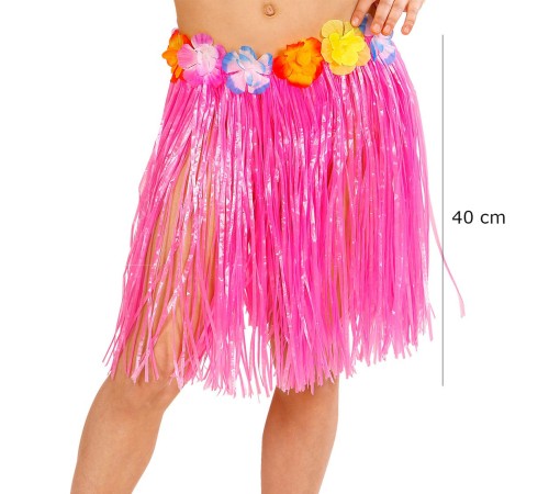 Yetişkin ve Çocuk Uyumlu Pembe Renk Püsküllü Hawaii Luau Hula Etek 40 cm