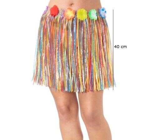 Yetişkin ve Çocuk Uyumlu Rengarenk Püsküllü Hawaii Luau Hula Etek 40 cm