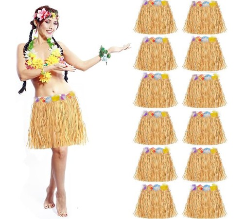 Yetişkin ve Çocuk Uyumlu Saman Renk Hawaii Luau Hula Etek 40 cm 12 Adet