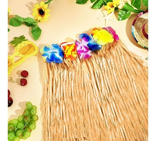 Yetişkin ve Çocuk Uyumlu Saman Renk Hawaii Luau Hula Etek 40 cm 12 Adet