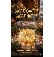 Yılbaşı Aydınlatması 100 LED Perde Hortum Sıcak Beyaz Işık - 10 Metre Dekoratif Şeffaf Kablolu Süs