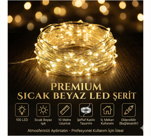 Yılbaşı Aydınlatması 100 LED Perde Hortum Sıcak Beyaz Işık - 10 Metre Dekoratif Şeffaf Kablolu Süs