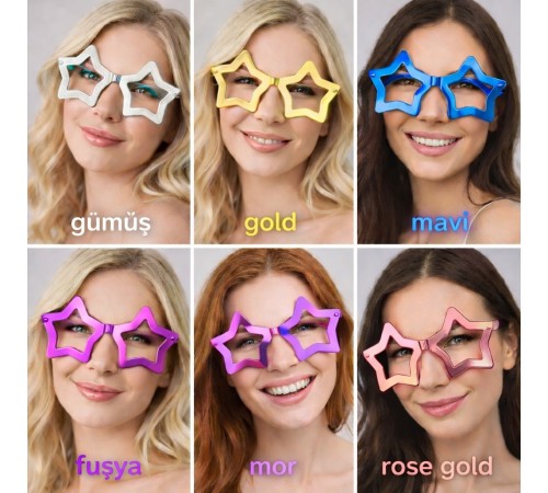 Yıldız Şekilli Parti Gözlüğü 12 Adet – 6 Renk ( Camsız )