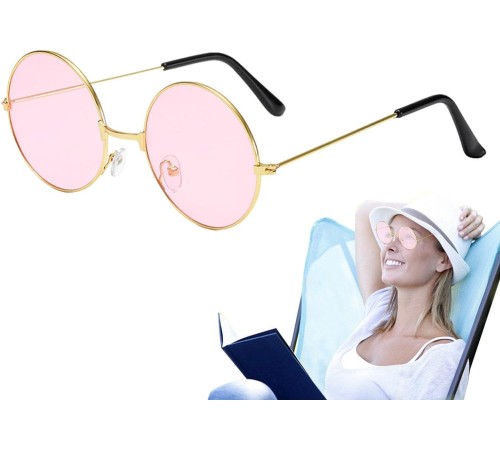 Yuvarlak Cam John Lennon Tarzı Hippi Gold Çerçeveli Pembe Gözlük