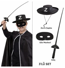 Zorro Kostüm Seti 3’lü Çocuk – Şapka, Maske ve Kılıç