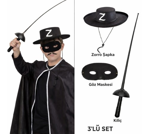 Zorro Kostüm Seti 3’lü Çocuk – Şapka, Maske ve Kılıç