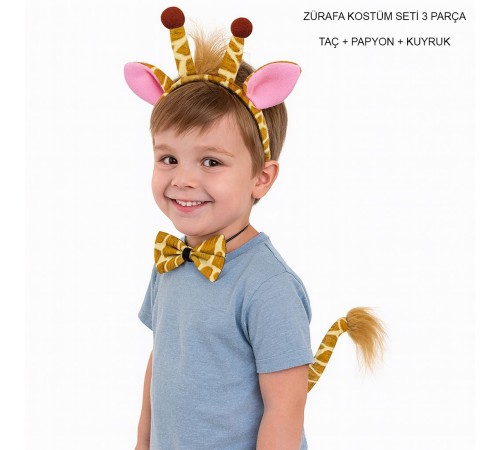 Zürafa Kosümü Aksesuar Seti 3 lü - Taç Papyon Kuyruk