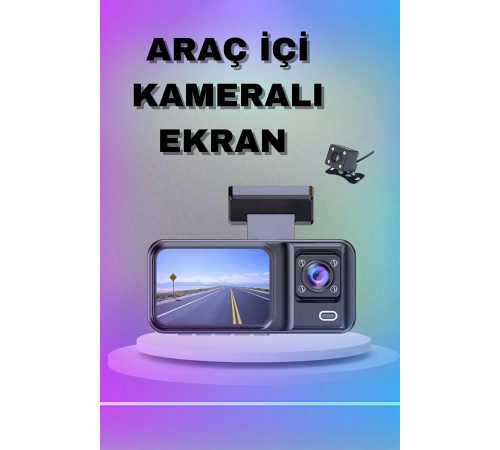 1080P 3 Lensli WİFİ Araç İçi Kameralı Ekran DVR Kaydedici Gece Görüşlü