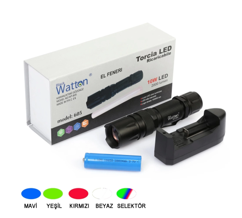 10w 2000 Lümen 4 Renk Güçlü El Feneri Wt-605 10w 2000 Lümen 4 Renk Güçlü El Feneri Wt-605