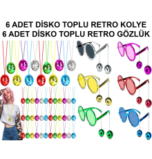 12 Parça Renkli Disko Toplu Retro Parti Seti – 6 Kolye + 6 Gözlük