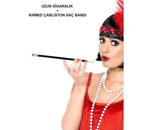 192039ler 199039lar Gatsby Kadın Aksesuar Seti – Kırmızı Charleston Saç Bandı Ve Lık