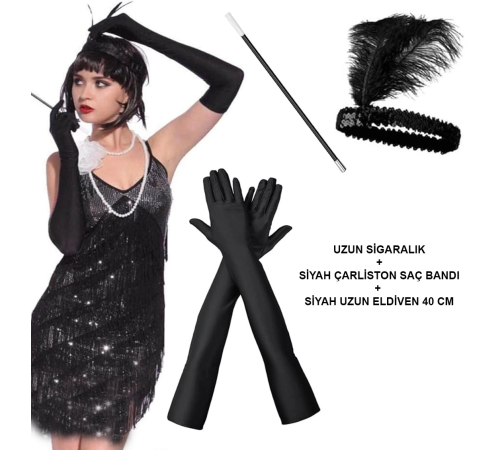 192039ler Gatsby Aksesuar Seti – Siyah Charleston Saç Bandı, Uzun Eldiven Lık 192039ler Gatsby Aksesuar Seti – Siyah Charleston Saç Bandı, Uzun Eldiven Lık