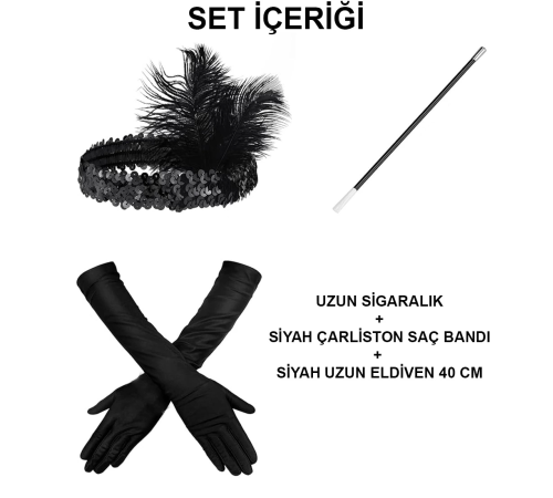 192039ler Gatsby Aksesuar Seti – Siyah Charleston Saç Bandı, Uzun Eldiven Lık 192039ler Gatsby Aksesuar Seti – Siyah Charleston Saç Bandı, Uzun Eldiven Lık