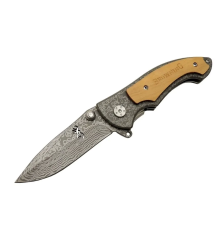 2-31 Damascus Kamp Çakı 19,5cm - Yarı Otomatik, Kemerlikli, Ahşap Metal Sap