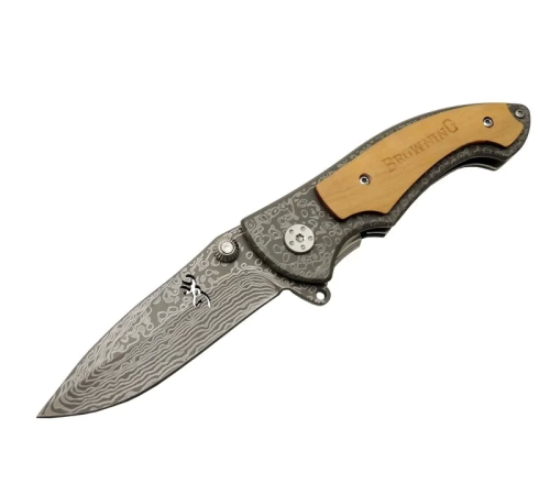 2-31 Damascus Kamp Çakı 19,5cm - Yarı Otomatik, Kemerlikli, Ahşap Metal Sap