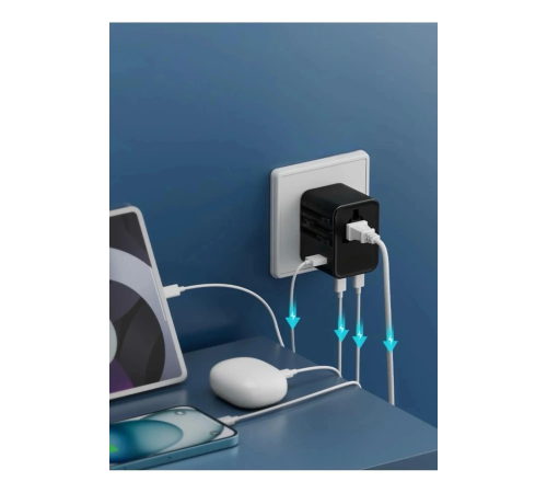 25w Evrensel Seyahat Adaptörü, Eu/us/uk/au Priz Dönüştürücü, 1x Usb, 2x Type-c Hızlı Şarj