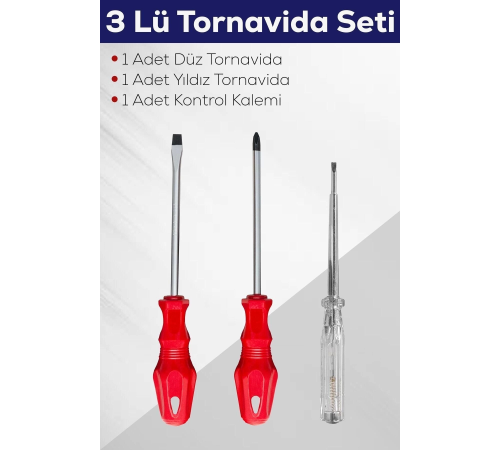 3'lü Tornavida Seti (düz Tornavida + Yıldız Tornavida + Kontrol Kalemi) 3'lü Tornavida Seti (düz Tornavida + Yıldız Tornavida + Kontrol Kalemi)