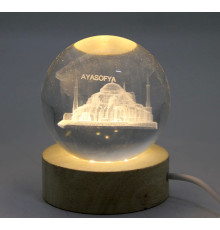 3d Kristal Cam Küre Ahşap Soketli İstanbul Temalı Led Lamba Alk2573