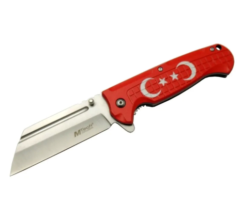4-27 Kırmızı Tanto Kamp Çakı 21cm - Yarı Otomatik, Kemerlikli, Ay-yıldız Baskılı Sap