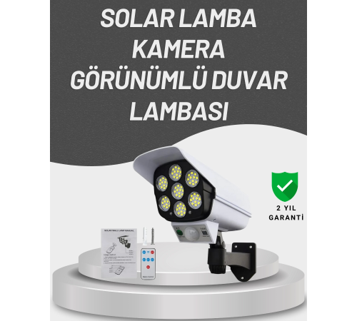 77 LED'li Güneş Enerjili Güvenlik Lambası ve Kukla Kamera – Hareket Sensörlü, 2400mAh Pilli