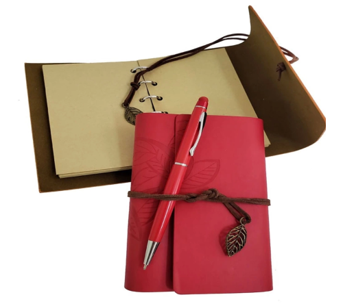 Ahşap Kutulu Kırmızı Deri Defter Ve Metal Kalem Set
