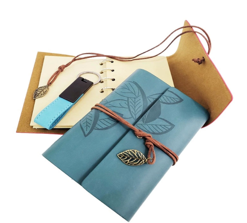 Ahşap Kutulu Mavi Deri Defter Ve Anahtarlık Set