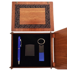 Ahşap Kutulu Mavi Kalem Anahtarlık Ve Çakmak Set