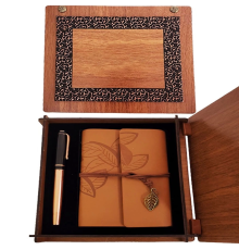 Ahşap Kutulu Taba Renk Deri Defter Ve Kalem Set