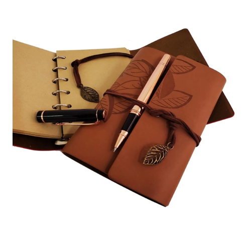 Ahşap Kutulu Taba Renk Deri Defter Ve Kalem Set