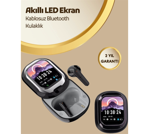 Akıllı Ekranlı Bluetooth 5.4 Kablosuz Kulaklık – Dokunmatik ve Şarj Kutulu