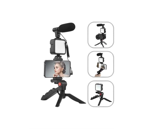Akıllı Telefon Vlog Kiti Tripod Mini Mikrofonlu Telefon Tutucu