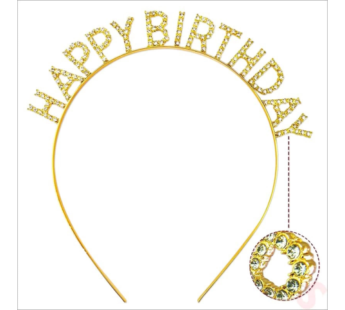 Altın Gold Renk Kristal Taşlı Parlak Happy Birthday Taç 16x17 Cm