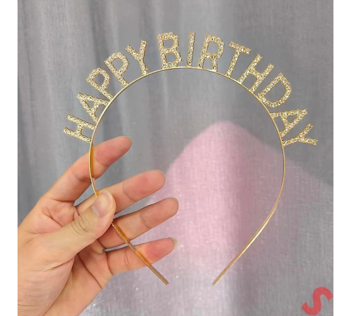 Altın Gold Renk Kristal Taşlı Parlak Happy Birthday Taç 16x17 Cm
