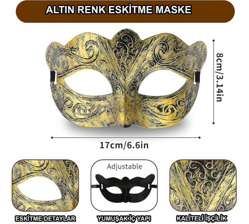 Altın Renk Eskitme Maskeli Balo Maskesi – Venedik Tarzı Parti Maskesi Altın Renk Eskitme Maskeli Balo Maskesi – Venedik Tarzı Parti Maskesi