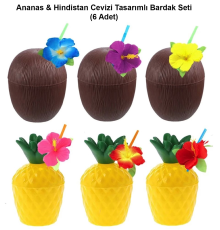 Ananas  Hindistan Cevizi Tasarımlı Pipetli Bardak Seti (6 Adet)
