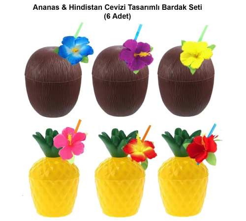 Ananas  Hindistan Cevizi Tasarımlı Pipetli Bardak Seti (6 Adet)