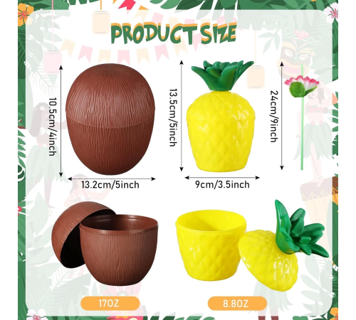 Ananas  Hindistan Cevizi Tasarımlı Pipetli Bardak Seti (6 Adet)