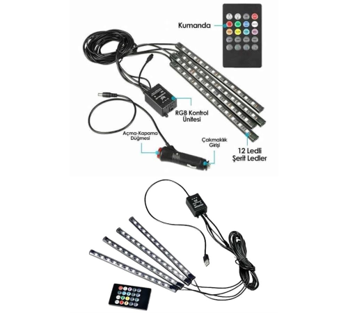 Araç İçi Ayak Altı Led 12 Led Işık Sese Müziğe Duyarlı RGB Işıklı Aydınlatma Seti