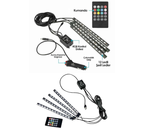 Araç İçi Ayak Altı Led 12 Led Işık Sese Müziğe Duyarlı RGB Işıklı Aydınlatma Seti