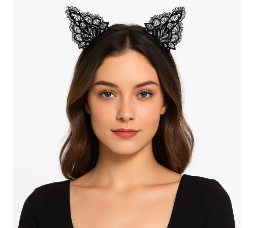 BFS Dantelli Siyah Kedi Tacı - Vintage Tarz Dantel Kedi Kulak